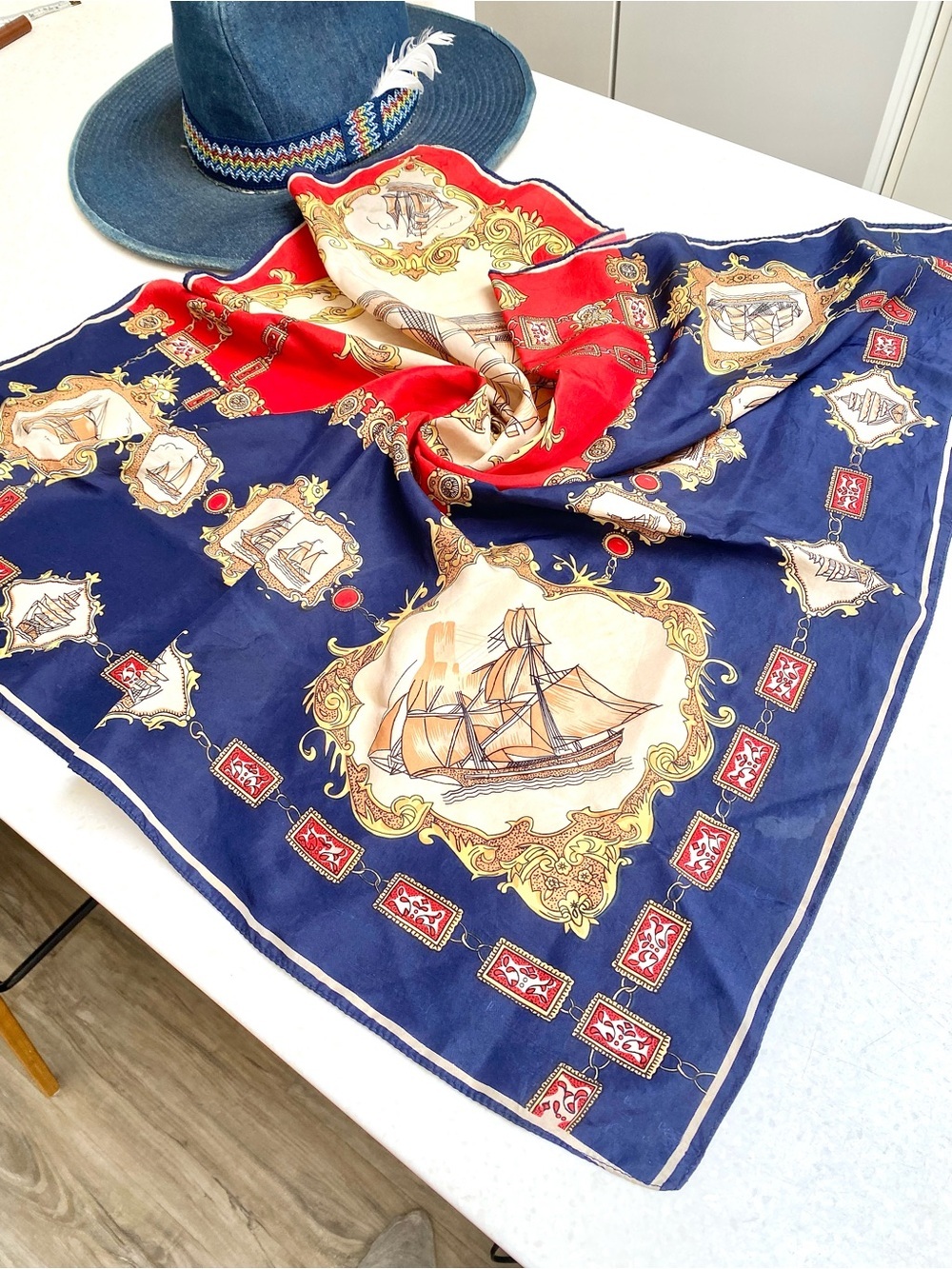 RARE Costal Ship SILK scarf/wrap w Mediterranean beach resort vibe